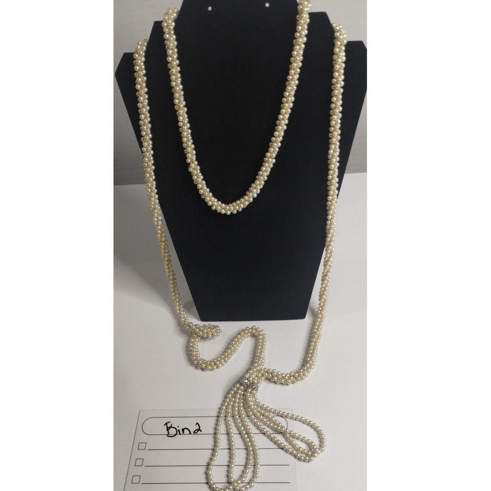 Vintage Style Cream Faux Pearl Lariat Tassel Necklace Silver Rhinestone‎ Accent